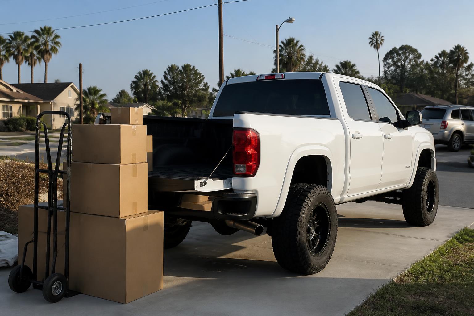 Clean white pickup truck in a Southern California driveway with a hand truck and stacked moving boxes