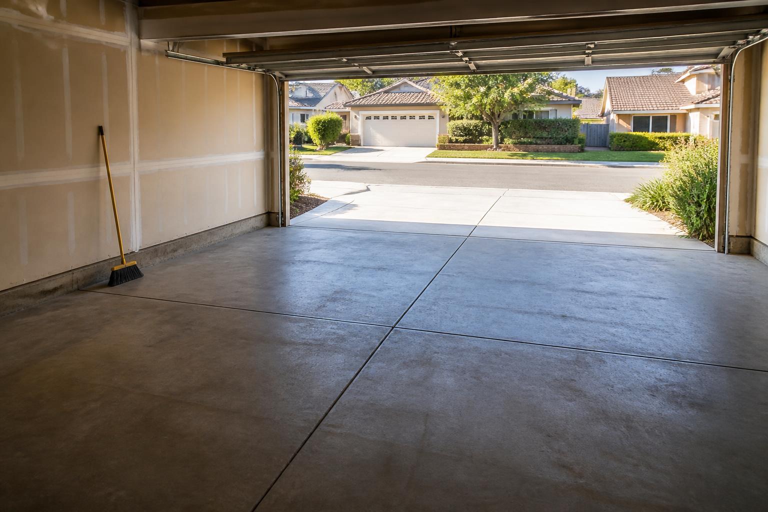 Empty cleared two-car garage with open door and broom