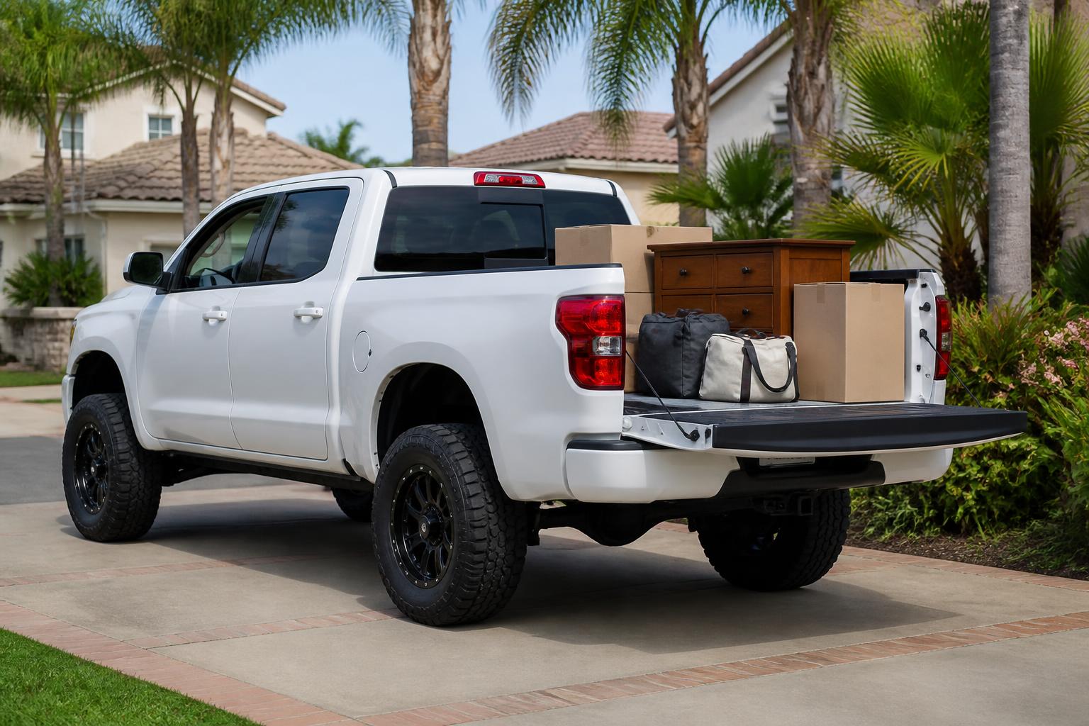 Clean white lifted pickup truck loaded with boxes and a dresser