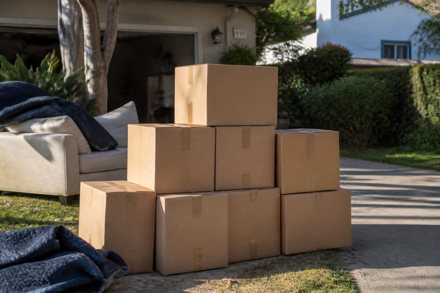 Stack of moving boxes and a couch on a suburban driveway